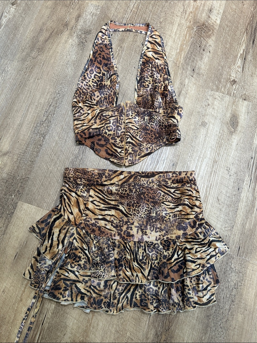 SHEIN Brown Animal Print Halter Crop Top & Ruffled Mini Skirt Set